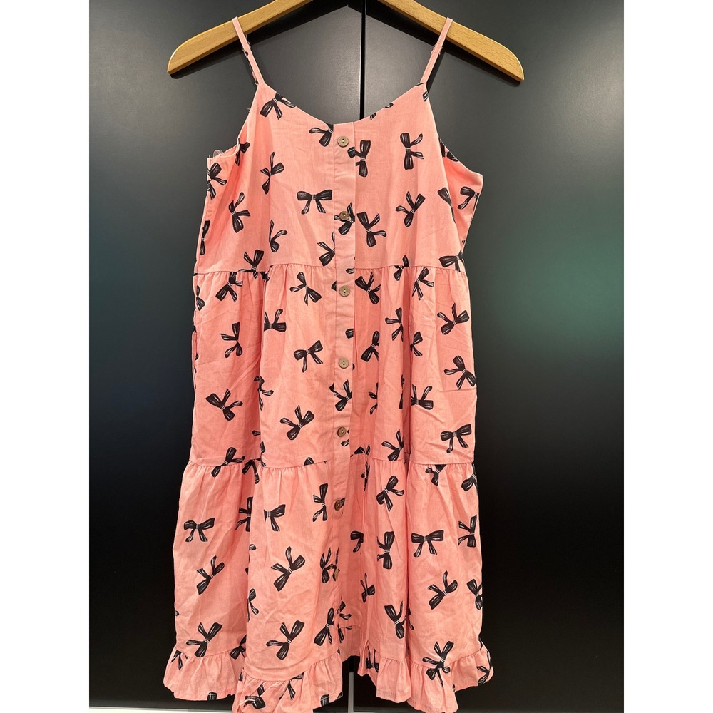 Hayden Girls Pink Bow Print Tiered Cotton Sundress Button Front Size Large NWT